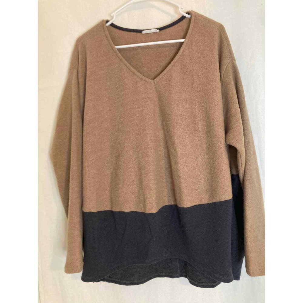 Bucket List Colorblock V Neck Long Sleeve Sweater Top Women's Small Tan Charcoal